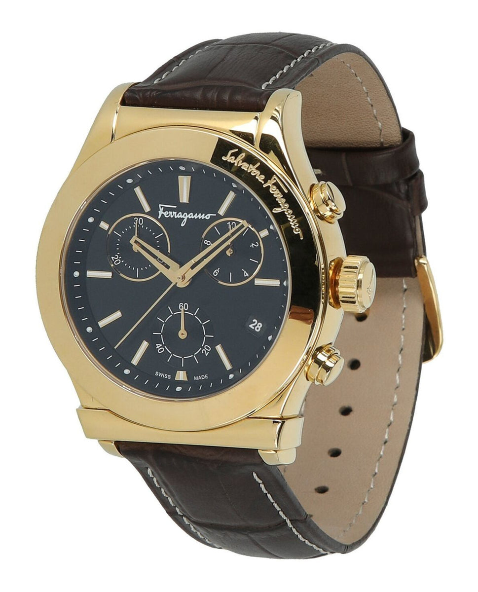 Ferragamo ゴールド アナログ時計 Salvatore Ferragamo Men's Black 44mm F-80 Yellow Gold Bracelet
