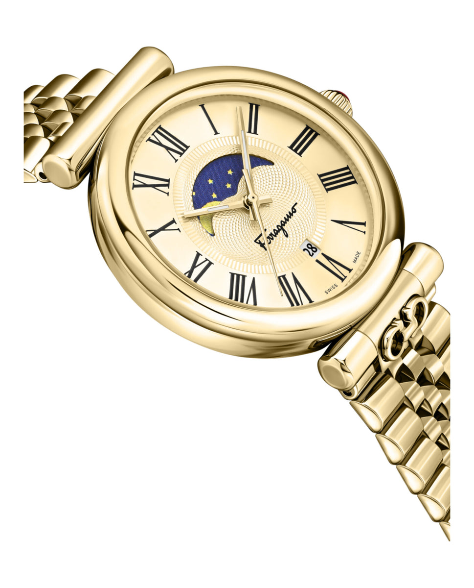 稀少 Ferragamo(フェラガモ) Ora Moonphase Ladies Watch Ferragamo Ora Moonphase Silver Sunray Dial Ladies Quartz