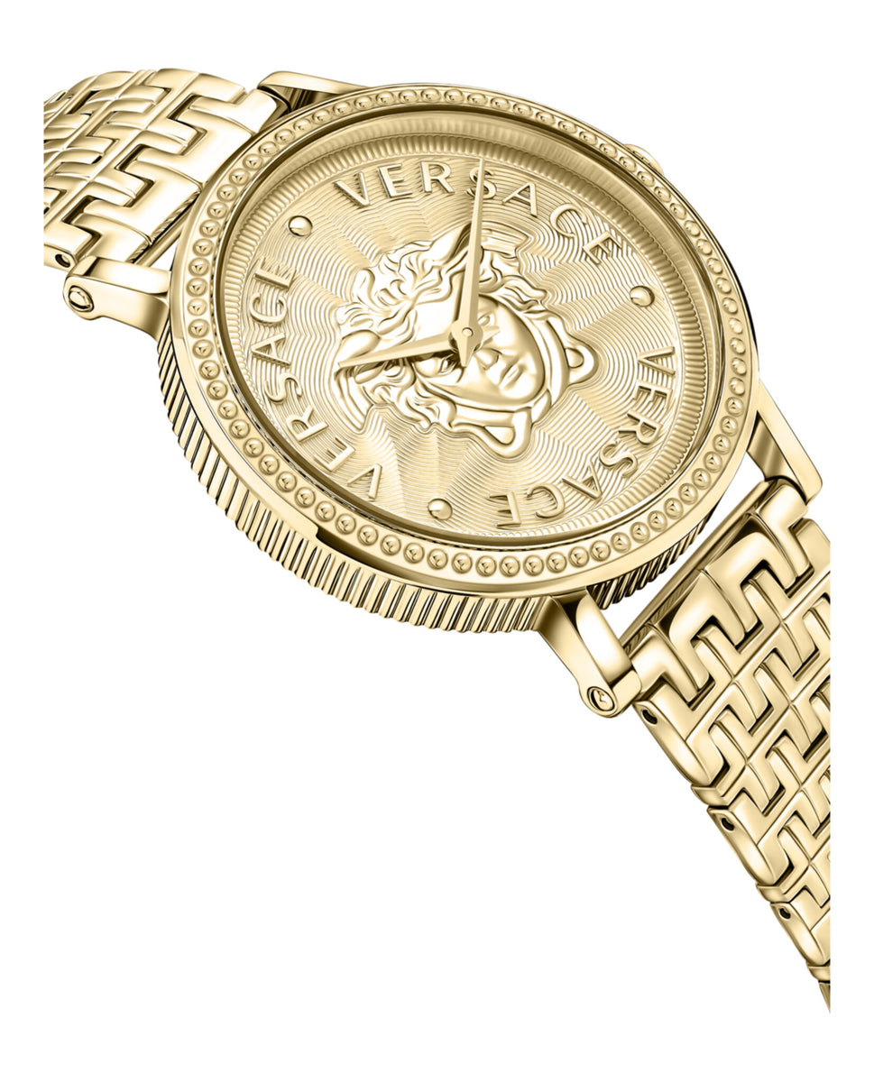 腕時計その他 Versace Versace V-Dollar Leather Watch With Guilloche Dial V-Dollar 37MM IP YG Watch Black Dial Calf Leather Strap