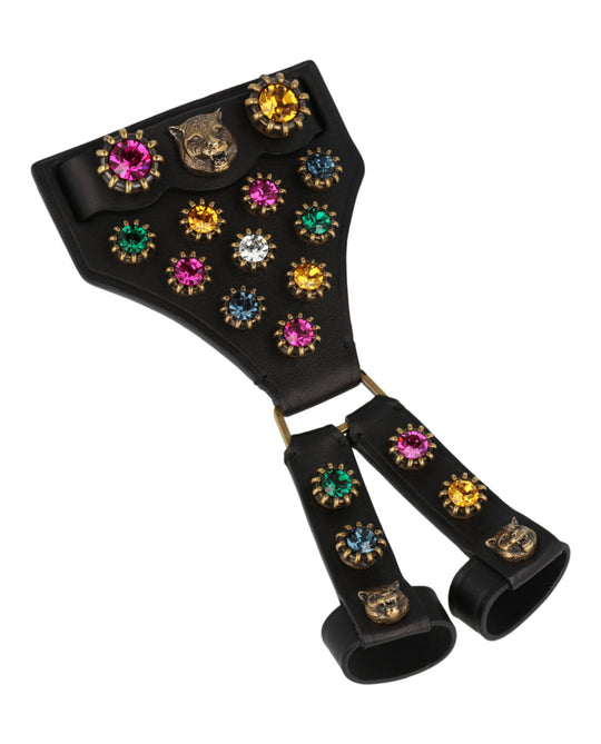 Feline Head Studded Crystal Leather Hand Harness
