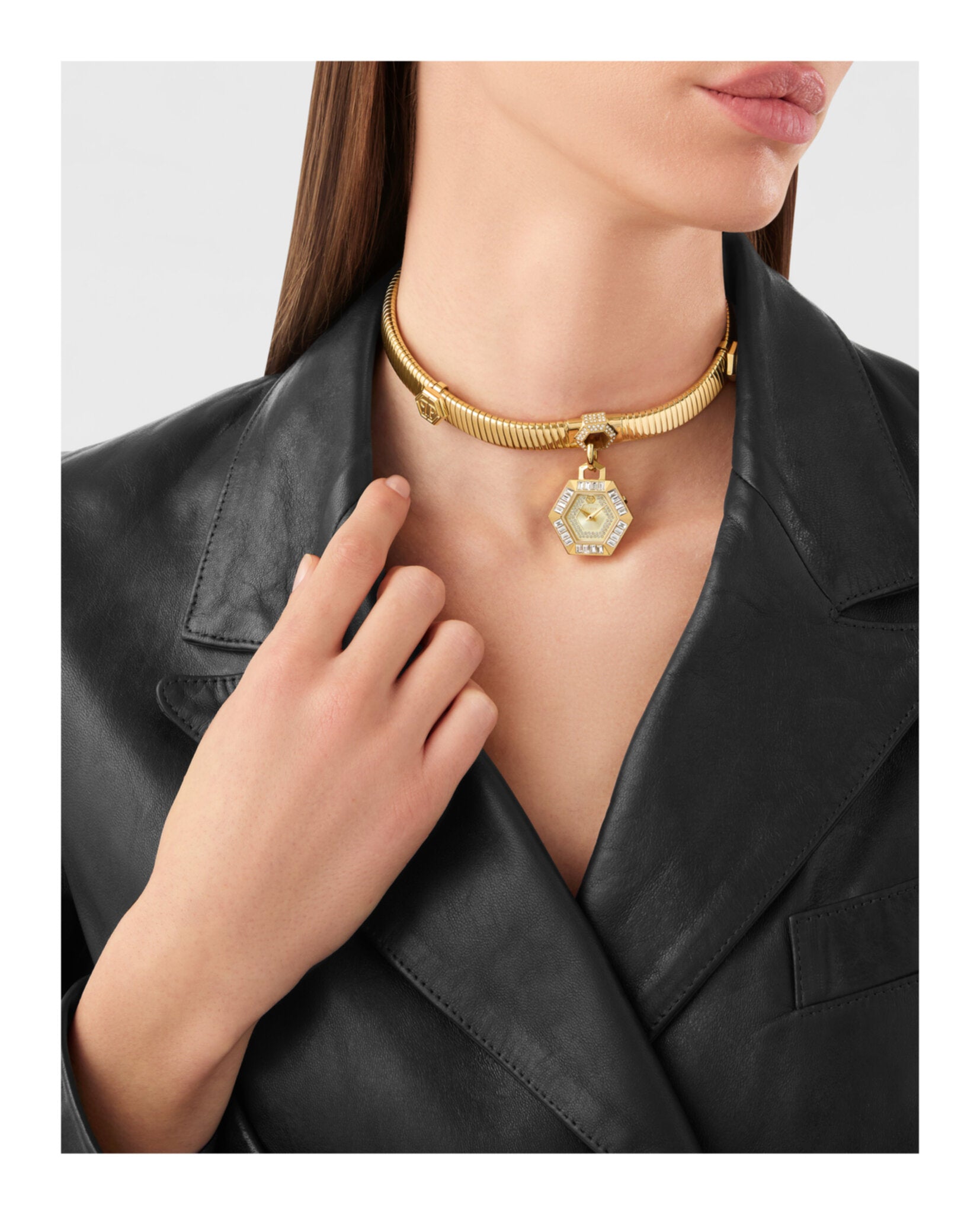 $nake Hexagon Crystal Necklace Watch