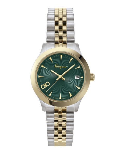 腕時計その他 Ferragamo Two-Tone Bracelet Watch With Green Guilloche Dial Ferragamo Two-Tone Bracelet Watch With Green Guilloche Dial